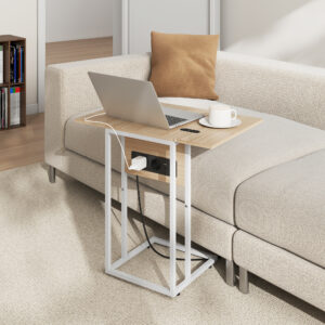 Sammenklappeligt sidebord, ladestation med USB-porte, metal, 39 x 29 x 57 cm, træfarvet