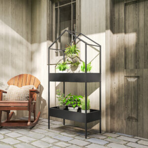 2-etagers husformet plantestativ, 150 cm højt, blomsterstativ med kroge, metal, sort