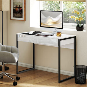 Skrivebord 100 x 50 cm, computerbord, kontorbord med 2 skuffer, til små rum, hvid