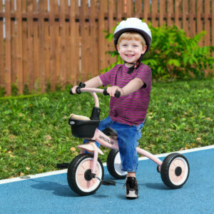 Trehjulet børnecykel med justerbart sæde og cykelkurv, ringeklokke, pedaler, til 2-5 år, metal, lyserød