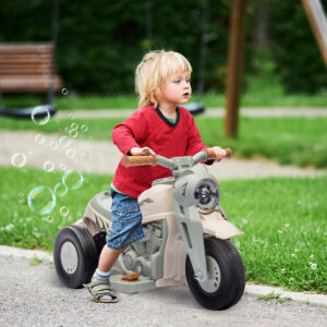 El-motorcykel til børn, 6V børnemotorcykel med musik, bobler, børnekøretøj med forlygte, 2,5-3 km/t, til 2-5-årige, maks. 30 kg, cremehvid