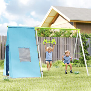 3-i-1 gyngesæt udendørs gyngesæt med legetelt, gynge og gymnastikringe, børnegynge med metalramme, havegynge til børn grøn