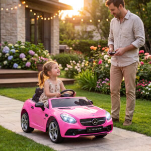 Elbil til børn, med LED-forlygter, sikkerhedssele, horn, musik, 3 til 5 km/t, lyserød, 107 x 62,5 x 44 cm