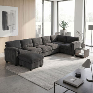 Hjørnesofa, U-formet sofa, sofa med fjederbetræk, polstrede armlæn, bevægelig puf, corduroy, 292x224x85 cm, mørkegrå