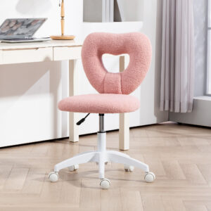 Skrivebordsstol Kontorstol Drejelig Hjemmekontorstol med Hjerteformet Ryglæn, uden Armlæn Højdejusterbar Teddy Fleece Sminkebordsstol til Studieværelse, Pink