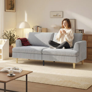 3-personers sofa, armlænssofa, polstret sofa med fløjlslook til stue, lysegrå