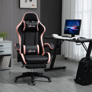 Kontorstol, gamingstol, 1 nakkestøtte, 1 lændestøtte, pink + sort