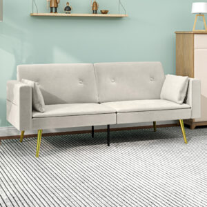 Sovesofa, Sovesofa med justerbar ryglæn, sidelomme, polstret 2-personers sofa med sovefunktion, puder, til stue, soveværelse, beige
