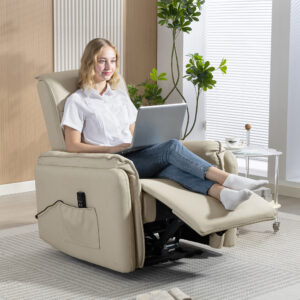 Elektrisk Massagestol, Kunstlæderbetræk, Fodstøtte, Sidelomme, Beige