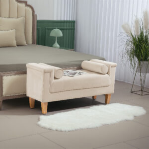 Polstret Bænk med Chenille-betræk, Armlænsbænk med 2 cylinderhynder, Træramme, Skobænk til Soveværelse, Stue, Entre, 115 x 44 x 58 cm, Beige