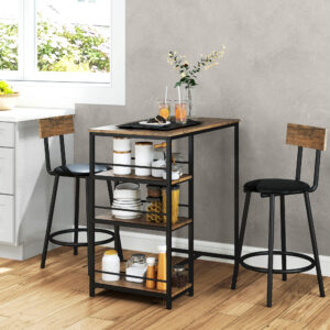 Barbord med Barstolsæt, 3-delt Barbordsæt med Køkkenbord, 3 Hylder, 2 Barstole, i Moderne Stil, Spisesæt til Spisestue, Køkken, Stål, Eg