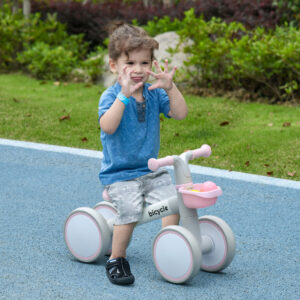 Børnebalancecykel til alderen 1+, Ride-On cykel med TPU-hjul, Ingen skruer, Gave til drenge/piger, Pink og hvid, 56 x 27 x 39 cm