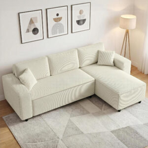 Hjørnesofa 3-personers L-formet hjørnesofa med vendbar chaiselong 2 hynder fjerbetræk, corduroy hjørnesofa til stue soveværelse 241x153x83 cm cremehvid