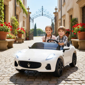 Maserati elbil til børn, 2-personers, 12V batteridrevet, fjernbetjening, LED-lys, musikfunktion, hvid