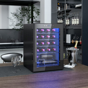 Vinkøler 20 flasker 53L 5-18°C kompressor drikkevarekøleskab med UV-bestandig glasdør, flaskekøler med LED-lys, lille vinskab med touchskærm sort