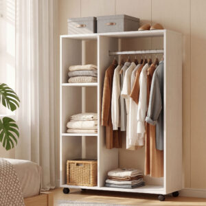 Garderobe på hjul, Mobil garderobe, 1 tøjstang, 3 hylder, Garderobeskab, Rullende tøjstativ til entré, Soveværelse, 80 x 40 x 128 cm, Hvid