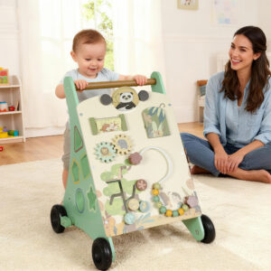 Træ Montessori rollator med hastighedskontrol, xylofon, gear og perlelabyrint, grøn