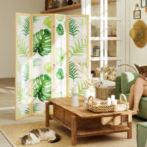 4-delt rumdeler, foldbar, boho design, tropisk motiv, fritstående rumdeler, træramme, grøn