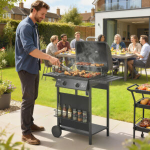 Gasgrill 5 KW 2 brændere BBQ grillvogn rustfrit stål inkl. sidebord, nederste kurv, frontlåg, termometer, emaljeret grillrist