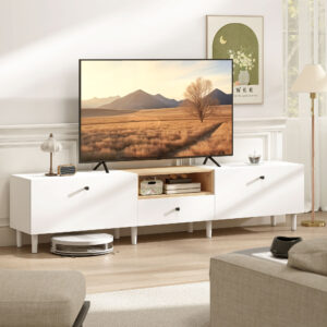 200 cm TV-skab til fjernsyn op til 90 tommer, 2 klaprum, åbent rum, skuffe, 8 ben, spånplade, hvid