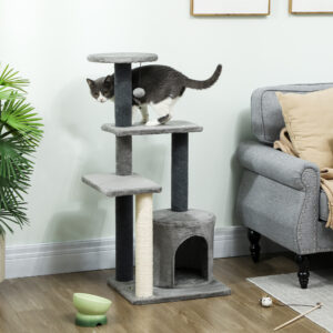 Kradsetræ 103 cm med kattehule, platforme, sisal kradsetræer, plysbold til katte op til 5 kg, grå