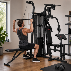 Multifunktionel træningsstation, hjemmefitnessmaskine til over 10 øvelser, vægte, justerbar fitnessbænk, sort