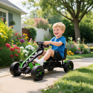 Gokart med pedaler, pedalbil til børn med bremse, skridsikre hjul, metalramme, 3-6 år, grøn