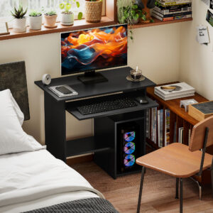 Computerbord, Skrivebord med åbne rum og hylder, Kontorbord, Børnebord, PC-bord til kontor, Læserum, 80 x 45 x 75 cm, Sort