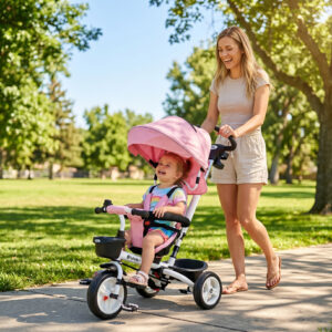 2-i-1 Trehjulet Skubbebøjle Børns Trehjulet Sikkerhedssele Sammenklappelig Solsejl Kopholder Kurv Pedal 1-5 År Pink