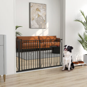 Hundegitter, 75-145 cm, Justerbar, 2-vejs åbning, Dobbelt låsesystem, Montering uden boring, ABS, Stål, Sort