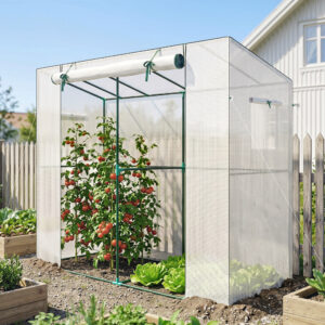 Minidrivhus, lænedrivhus med rulleport og netvinduer, UV-bestandig, til blomster, kimplanter, planter, hvid