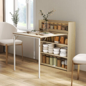 Sammenklappeligt spisebord med hylde, industrielt design, pladsbesparende, til små rum, 78,5 x 91 x 93 cm, eg
