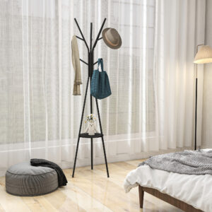 Knagerække med hylde og 8 kroge, moderne garderobe til tøj, hatte, tasker, stue, sort