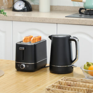 Kedel Toaster Sæt 2200 W 1,7 L Kedel, 2 Skiver Brødrister, 6 Bruningsniveauer, Genopvarmning og Optøning, Morgenmadssæt med Kalkfilter & Krummebakke Sort