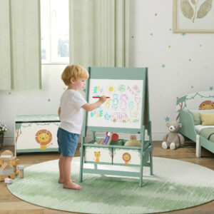 Børnestaffeli 3 i 1 børnetavle med tavle, whiteboard, papirrulle, 2 opbevaringskasser, til 3-8 år, grøn