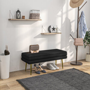 Fløjlsbetrukket opbevaringsbænk med stålben, skobænk, opbevaringsbænk til stue, soveværelse, sort, 79,5 x 37,5 x 43 cm