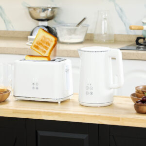 Kedel Toaster Sæt 1,5L Kedel 2 Skiver Ristet Brød 2200W Morgenmadssæt med 7 Bruningsniveauer, Optønings- og Genopvarmningsfunktion, Automatisk Slukning og LED Display, Hvid