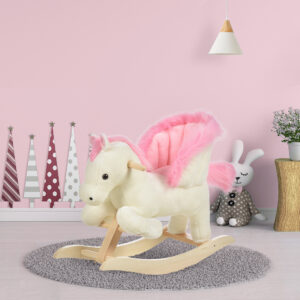Børnegyngehest Babygyngedyr med lyde og håndtag til 18-36 måneder Plys Hvid Pink 70x28x57 cm