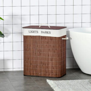 100L vasketøjskurv vasketøjsopsamler vasketøjsboks med 3 håndtag og vaskbar vasketøjspose aftagelig bambus bomuld metal brun+hvid 52x32x63cm