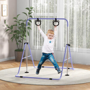Børne parallelle stænger med ringe, højdejusterbare, foldbare, skridsikkert, stålstel, 148x105x88-128 cm, lyserød