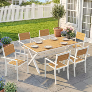 Havemøbelsæt, siddegruppe, 7 dele, bord med 6 stabelbare stole, trælook, aluminiumsstel, teak