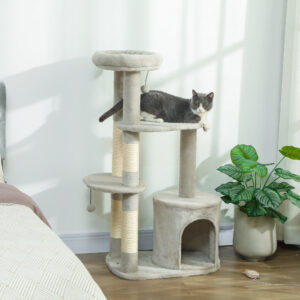 Kradsetræ 114 cm kattetårn med hule, sisalstolper, platform, flere niveauer til mellemstore katte under 6 kg, lysegrå