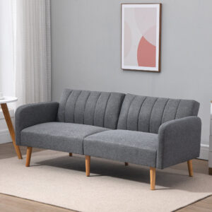 2-personers sovesofa med sovefunktion, hørlignende polyester, gummitræ, grå, 173x75x73cm