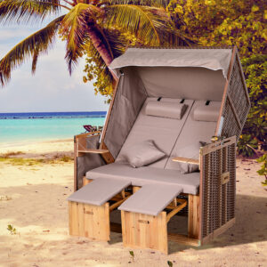 Strandstol med skammel og klapbord, fuldt lænestol med kopholdere, PE-rattan beige 118x79x160 cm til afslappende timer