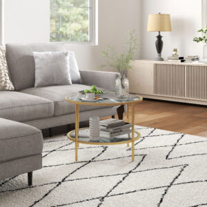 Rundt Sidebord med Hylde, Ø60 x 43 cm, Stålstel, Elegant Sofabord til Stue & Soveværelse i Guld