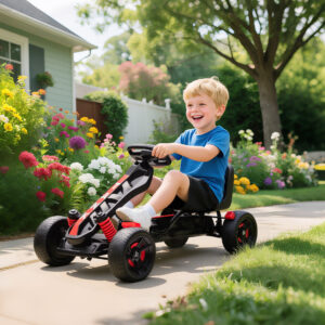Gokart med pedaler, pedalbil til børn med bremser, skridsikre hjul, metalramme, 3-6 år, rød