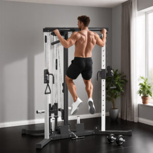 Powerstation/fitnessstation med lat pulldown, pull-up stang, curl-/roestang, håndtag, 15-vejs justerbar
