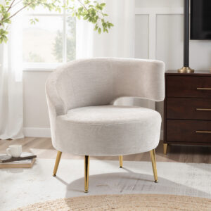 Loungestol med chenille-look, vinklet ryglæn, gyldne stålben til stuen, cremehvid
