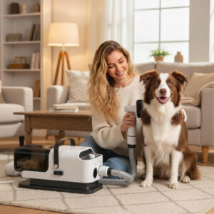 Hundeklippere med støvsuger, støjsvage klippere med 5 plejeværktøjer til hunde, katte og kæledyr, hvid