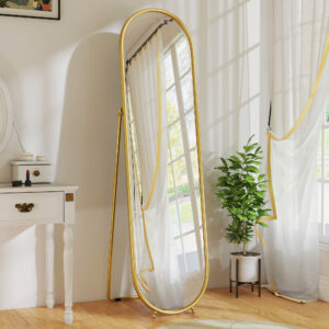Helfigursspejl, oval form, fritstående, metalramme, 50x180 cm, guld